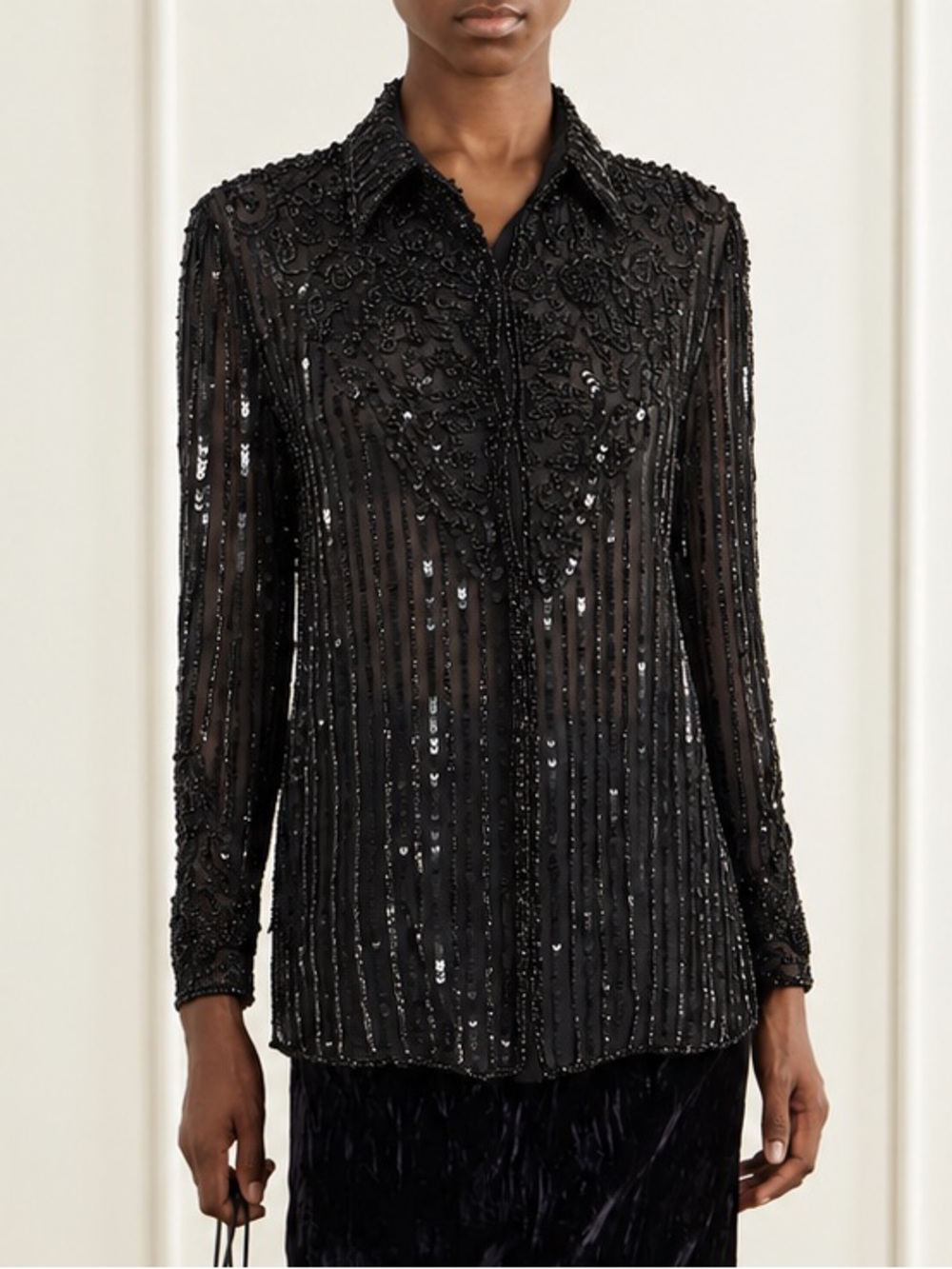 Vintage J Kara Black Silk Beaded Sequin Sheer Evening Jacket Blouse L